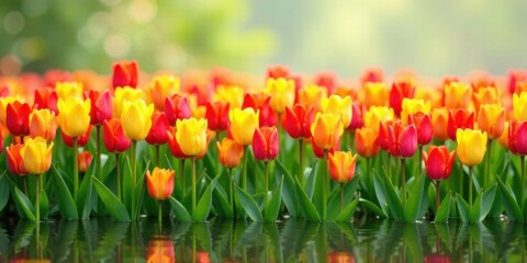 Obraz premium Vibrant spring tulips reflected in tranquil water, a breathtaking display of red and yellow blooms in a serene garden setting