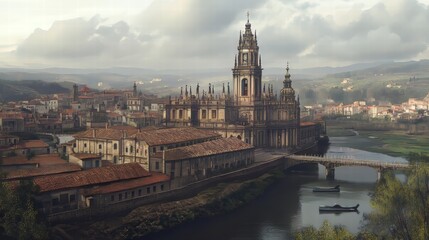 Naklejka premium Historic city skyline with river