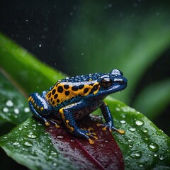 Obraz premium A dart frog with striking neon colors resting on a giant tropical leaf with raindrops glistening.