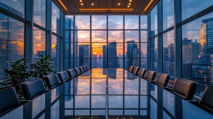 Sunset city view, modern boardroom meeting