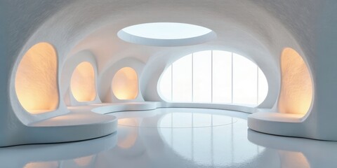 Fototapeta premium Serene White Architectural Interior with Soft Illumination and Expansive Window