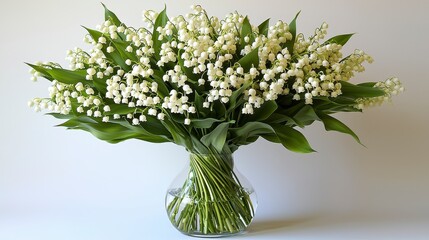 Lush bouquet of lily of the valley in a clear glass vase against a white background.