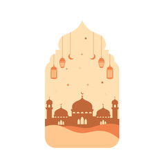 Islamic Windows with Mosque Silhouette in Boho Style. Islamic Boho Ramadan Frame