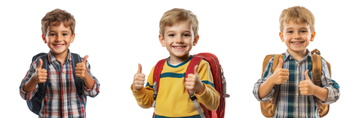 A Set of Cheerful Young Boy in Backpack, Ready for School Day Isolated on transparent Background