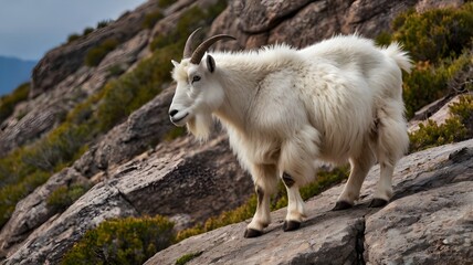 A lone mountain goat standing on a rocky cliff