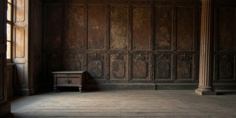 A sunlit room's antique wooden chest sits before a wall of aged, paneled wood and a weathered column
