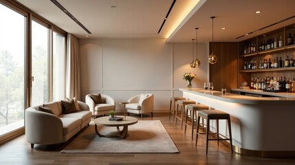 Fototapeta premium Sophisticated Living Room with Integrated Bar Design Featuring Neutral Tones and Modern Furniture