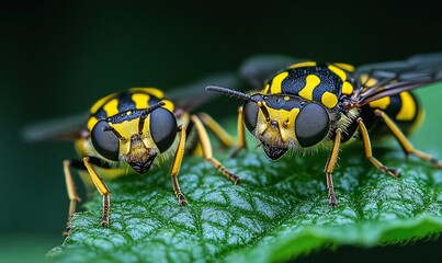 Fototapeta premium Two wasps on leaf, close-up, nature