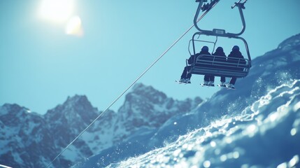 Skiers ascend mountain via chairlift on sunny winter day.