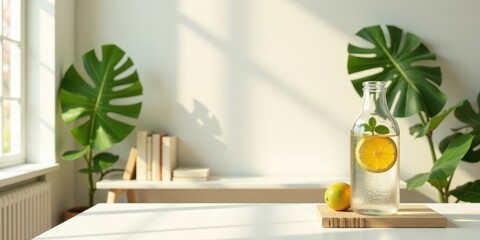 Refreshing citrus beverage in a glass bottle on a bright wooden board near a window with natural sunlight and leafy plants