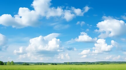 Fototapeta premium Lush Green Field Under a Bright Blue Sky with Fluffy Clouds