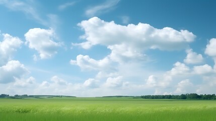 Serene Green Field Under a Cloudy Blue Sky