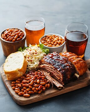 Delicious BBQ Comfort Food on a Wooden Platter with Sides