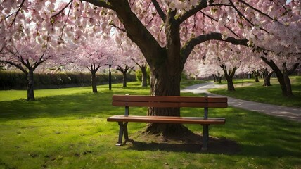 A lone bench under a blooming cherry blossom tree