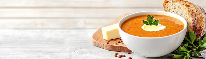 Steaming Bowl of Comfort Food with Fresh Ingredients and Bread