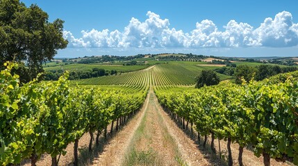 Lush green vineyard rows stretching to distant hills under a bright blue sky with fluffy clouds.