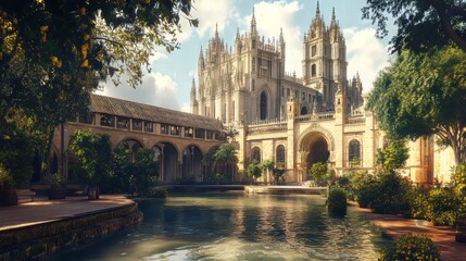 Cathedral courtyard reflecting in water