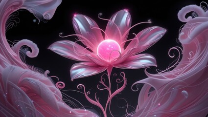 A delicate, whimsical generative AI artwork featuring a stylized flower in vibrant pink hues against a dramatic black background, with intricate, swirling patterns and organic shapes that evoke a sens