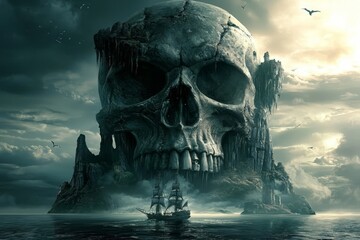 Ominous giant skull of a pirate looms over a spectral island.