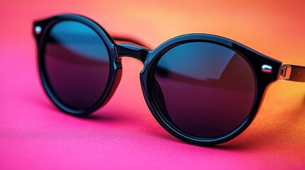 Close-up of stylish round black sunglasses on pink background.