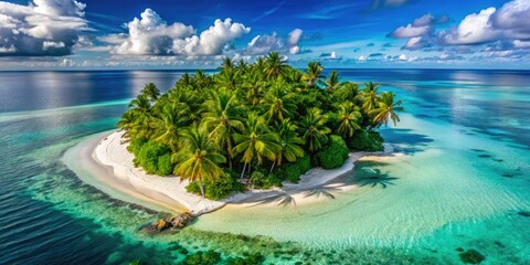 Aerial paradise:  lush palm trees, pristine beach meet vibrant ocean in stunning drone shot.