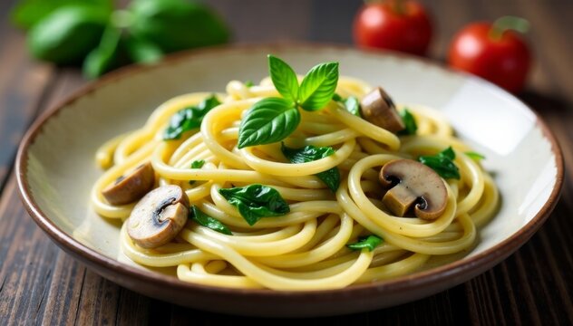 Pasta with spinach and mushrooms in creamy sauce , italian food, creamy sauce, pasta - Powered by Adobe