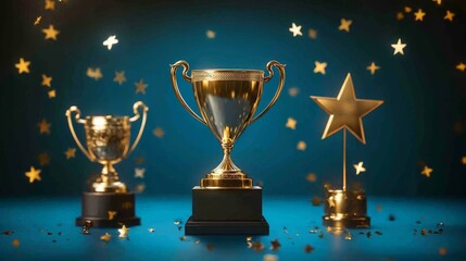 An artistic portrayal of triumph featuring a golden trophy against a soothing blue backdrop.