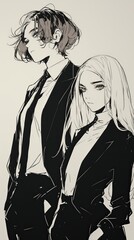 Fototapeta premium Two anime-style figures, one with short hair and the other with medium-length black hair, both wearing blazer suits