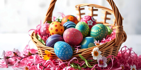 Celebrate Easter with Beautifully Decorated Eggs and a Festive Basket Top Easter Decoration Ideas: Stunning Egg Designs in a Woven Basket Colorful Easter Egg Basket with Flowers