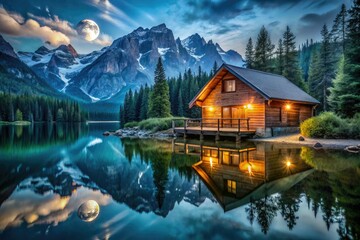 Alpine lake cabin: mountain majesty, crystal-clear waters, captivating night photography.