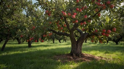 Naklejka premium A solitary apple tree in the middle of a lush orchard