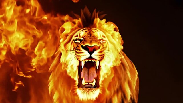 A roaring lion with a fiery background, symbolizing power, aggression, and dominance, perfect for concepts of strength and boldness in creative designs.