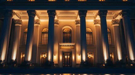 Magnificent Illuminated Building at Night Showcasing Grand Architecture with Columns and Warm Lighting for Stunning Nighttime Photography