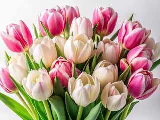 Obraz premium A spring floral arrangement of white and pink tulips, photographed using the rule of thirds, stands out against a pure white background.