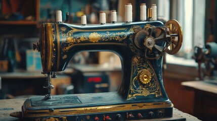 An ornate vintage sewing machine with intricate designs, showcasing craftsmanship and utility.