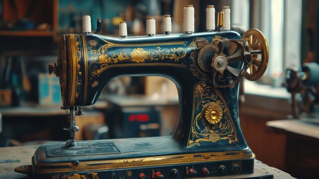 An ornate vintage sewing machine with intricate designs, showcasing craftsmanship and utility.