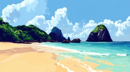 Naklejka premium Serene Island Beachscape: A Digital Painting of Tranquil Coastal Beauty