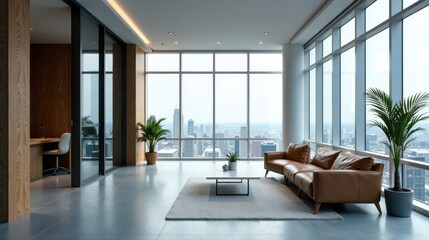 Fototapeta premium Modern Office Lounge with Panoramic City View and Luxurious Leather Seating