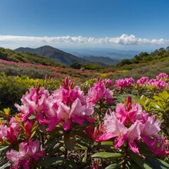 Obraz premium Butterflies Fluttering Over a Field of Rhododendron Kanehirai Under a Clear Blue Sky