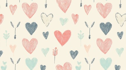 A seamless pattern of interconnected hearts and arrows on a soft background.