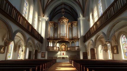 Obraz premium Grand church interior with pipe organ