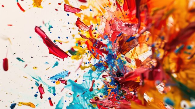 a explosion of abstract shapes and vibrant colors in a dynamic composition, No specific objects, white space in the center of the page for text