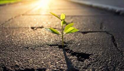 A vibrant green seedling emerges from a crack in the asphalt