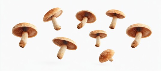 Brown Mushrooms Floating: An Edible Fungi Showcase, Featuring Diverse Cap Shapes and Sizes, Displayed Against a Pristine White Background.