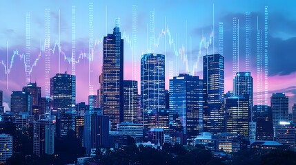 Obraz premium Futuristic Panoramic View of a Modern City Skyline with Skyscrapers, Digital Effects, and a Beautiful Colorful Background at Dusk