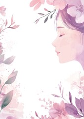 Serene woman, floral frame, pastel, spring, profile, beauty, card, design, background
