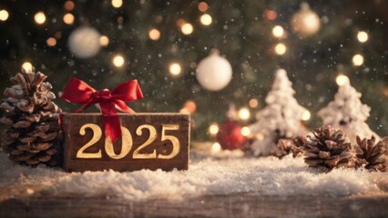 Festive Wooden Block with 2025 on Snowy Surface surrounded by Christmas Decorations in a Snowy Landscape.