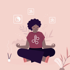 African american woman meditating in the Lotus position and saying Om. Beauty girl with practising the guided meditation. Yoga pose. Calm and correct breathing for full relax.
