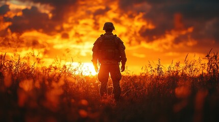 Fototapeta premium coming home silhouette of a solider in a rural area