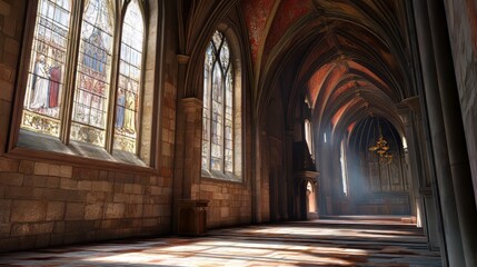 Fototapeta premium Sunlit cathedral aisle, stained glass